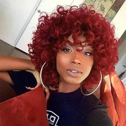 PORSMEER Afro Perücke Damen Synthetische große lockige Perücke mit Pony Natürliche Haar für Frauen Herren,Kurze Bob Perücken Rot für Halloween Cosplay Film Kostüm Perücke