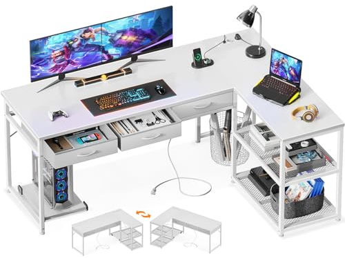 ODK Schreibtisch mit Schubladen, Eckschreibtisch mit Steckdosenleiste, Schreibtisch L Form mit Reversibler Anordnung, Weiß 155×110cm