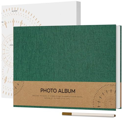 Vienrose Self Adhesive Photo Album for 4 x 6 Picture, Linen Cover Scrapbook Album 60 White Pages DIY Photo Book with a Metal Pen for Wedding, Birthday, 21.5 x 30 cm,Dark Green