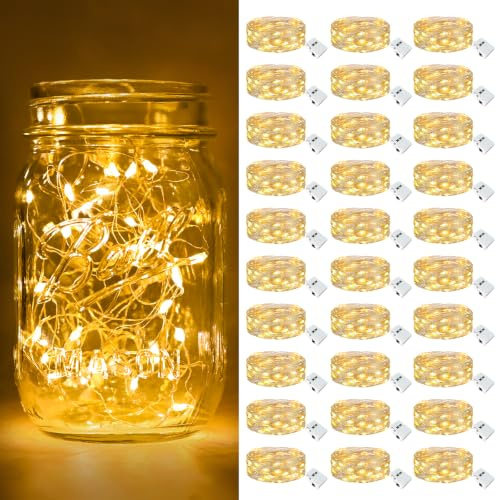 btfarm 30 Pack 3 Modes Fairy Lights Battery Operated, 2M 20LED String Light | Waterproof Twinkle Light Battery Powered, Small Silver Wire for Indoor Bedroom Jars Wedding Christmas Decoration, Warm White