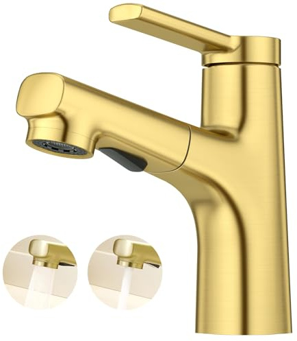 CREA Robinet Salle de Bain avec Douchette Extractible, Robinet de Lavabo Mitigeur et Deux Modes D’écoulement D'eau, Levier Mélangeur Monotrou Laiton Chromé Or