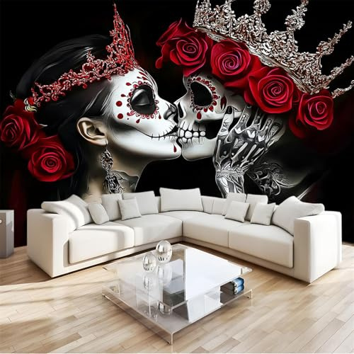 Skull Tattoo Girl with Red Roses Wall Mural, Black Premium Non-Woven Photo Wallpaper for Dining Room & Bedroom Feature Wall - 300 x 210 cm