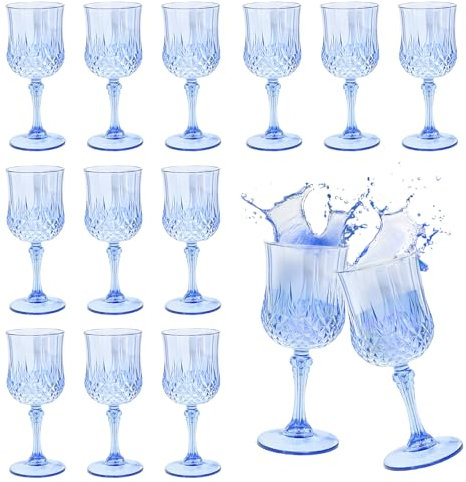 LOPYXBR Juego de 12 copas de vino de plástico azul reutilizables, 220 ml, copas de vino de plástico con efecto de cristal azul para fiestas de cumpleaños, bodas, barbacoas y picnics (220 ml)