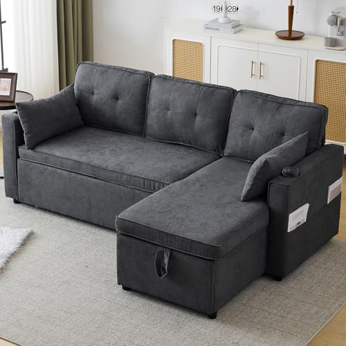 Merax Corner Sofa Bed with Internal Storage Chaise, 3 Seater Sofas for Living Room, L Shaped Sofa with Cup Holders, Pillows and Storage Pocket, Pull out Modular Day Bed for Home Office, Grey