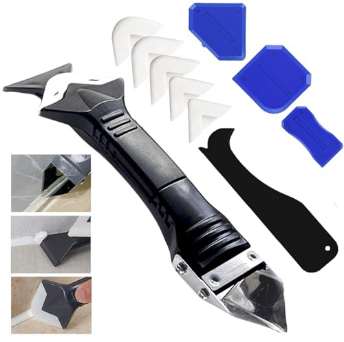FENGZIZH Caulking Tool, 3-in-1 Silicone Sealant Remover Tool with 5 Silicone Pads – Stainless Steel Scraper, Sealant Finisher & Remover for Bathroom, Kitchen, Floors (10Pcs)