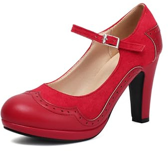 graceretro Damen Mary Jane Wingtip Klassisch und Retro 1920er Jahre Pumps Heels Oxford Muster Vintage Runde Geschlossene Zehenpartie 1950er Jahre Knöchelriemen Kleid Schuhe (RED EU38)