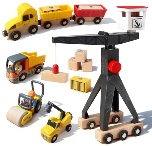 Pmueuff Kran Spielzeug ab 3 Jahre Junge, Holz Baufahrzeuge Kran Kinder, Magnetisch Baustellenfahrzeuge Set, 19Pcs Konstruktions Holzspielzeug, Geschenkideen für 3-6 Jahre Junge