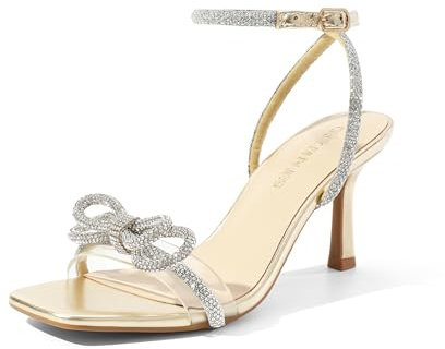 DREAM PAIRS Women's Double Bowknots Heels Open Square Toe Ankle Strap Crystal Rhinestone Dress Sandals for Party Wedding,Size 6,Light Gold,DWUMHS2530