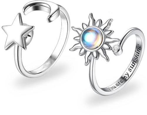 Anillo con sol y luna, 2 anillos de ansiedad para mujer, anillos giratorios abiertos ajustables para mujeres ansiosas, Regalos Ideal para Mujeres Niñas Hombre