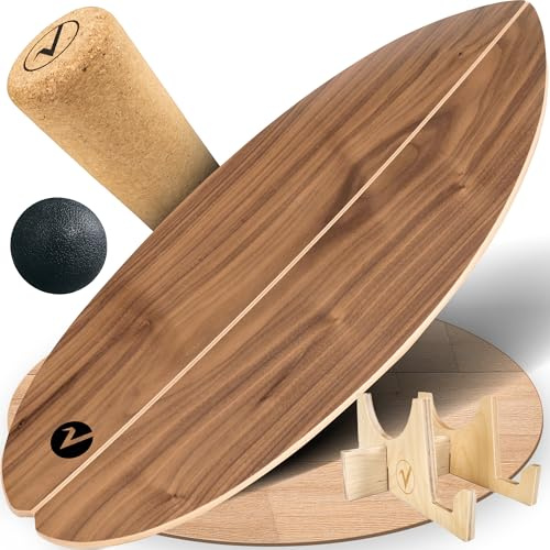 valuents Planche d'équilibre en bois marron noyer - avec coins arrondis - avec rouleau pour entraînement à réponse neuromusculaire + support et ballon