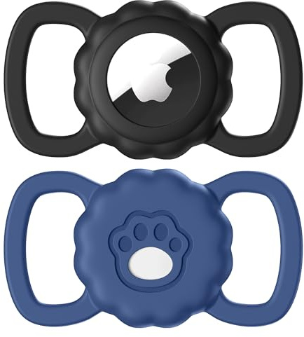 Maledan 2 Pack Collier Chien Airtag Compatible avec Apple AirTag, Le traqueur GPS avec localisation - Boîtier de Protection en Silicone avec Motif Patte pour Traqueur GPS, Noir+Bleu foncé