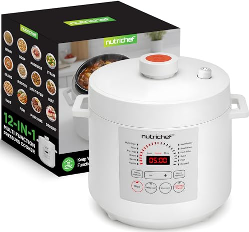 NutriChef 6 Quart Electric Pressure Cooker | 12 Function Digital Countertop Pressure Cooker | Adjustable Time & Temperature | Re-heat and Keep Warm Function | 13.1 x 11.4 IN | White