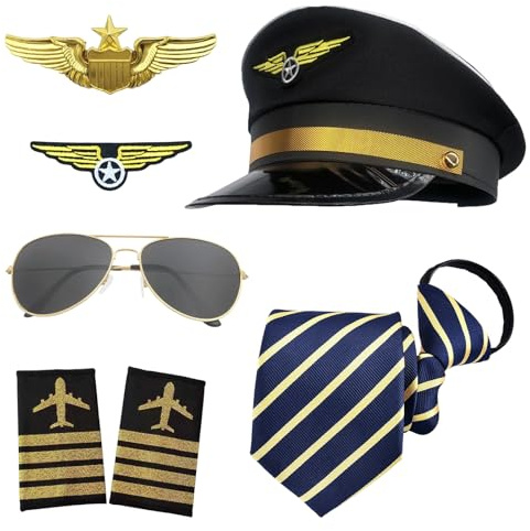 WSOAFVK 7 Piece Pilot Captain Costume Accessories Set, Airline Pilot Captain Hat Costume, Aviator Hat, Epaulettes, Badge, Sunglasses, Tie, Fancy Dress Role Play Party Kit