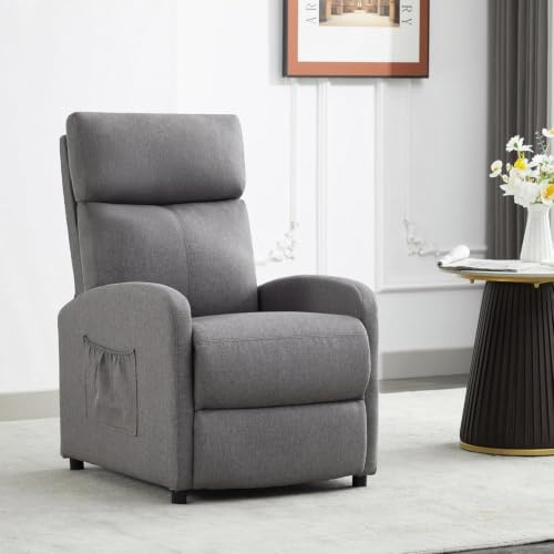 mcc direct Push Back Recliner Chair, Linen Single Recliner Sofa with Lumbar Support, Padded Backrest, Side Pocket, Adjustable Leg Rest for Living Room Home Theater, Grey