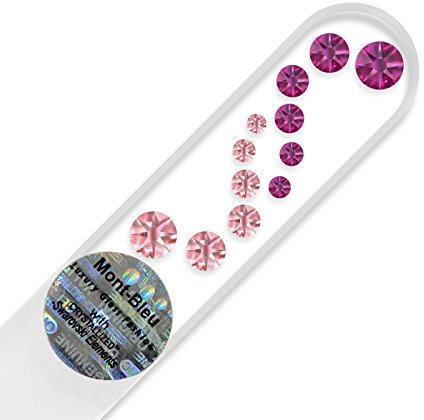 Small Size Crystal Glass Nail File hand decorated with Swarovski crystals, Hand Made in Czech Republic (Europe), Czech Tempered Glass, Lifetime Guaranty, in Suede Sleeve (Fuchsia - Light Rose)