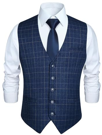HISDERN Gilet Formale da Uomo Blu in Cotone Panciotto Uomo Elegante Casual con Motivo Scozzese a Quadri Estivo XXL