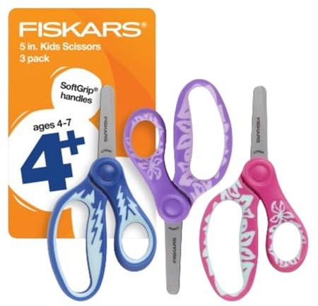 Fiskars 5 SoftGrip Blunt-Tip Scissors for Kids Ages 4-7 (3-Pack), Scissors for School or Crafting, Back to School Supplies, Blue, Purple, and Pink Designs