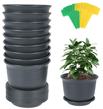 10pc Pflanztöpfe Harz-Kunststoff mit Untersetzer Ф15cm runder Pflanzkübel mit Untersetzer Blumentöpfe Schwarz+10 Etiketten Anzuchttöpfe Nursery-Pot Pflanzcontainer Saattöpfe Miniaturpflanzen (H 11CM)