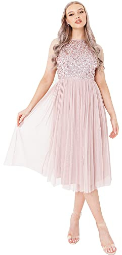 Maya Deluxe Abito Midi da Donna con Scollo all'Americana in Tulle per Sera, Laurea, Ballo di fine Anno, Matrimonio, Damigelle d'Onore Vestito, Rosa Satinato, 40 EU