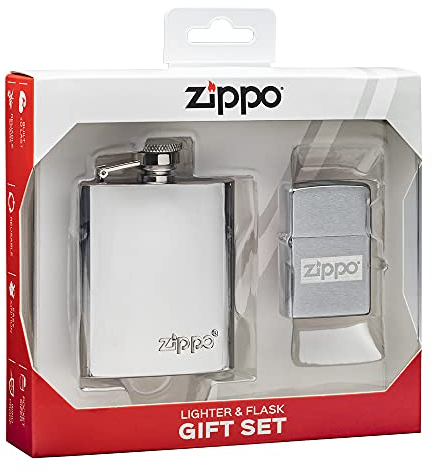 Zippo Sturmfeuerzeug und Flachmann Geschenk-Set - Brushed Chrome - Lustre - Nachfüllbar - Wiederverwendbar - Windfest - Made in USA