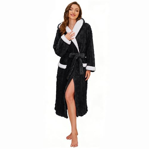 HEARTNICE Plush Long Hooded Robes for Women, Soft Fluffy Womens Fleece Robe Thicker Warm Bathrobes (Black, L/XL)