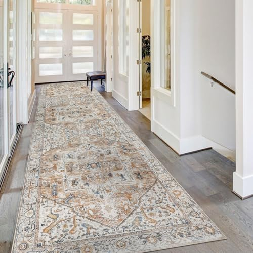 Homcomodar Distressed Läufer Teppich für Flur 80x300cm Vintage Flur Runner Teppiche Waschbare Boho Kitchen Runner Teppiche für Entryway Wäsche Daneben(Beige/Gelb)