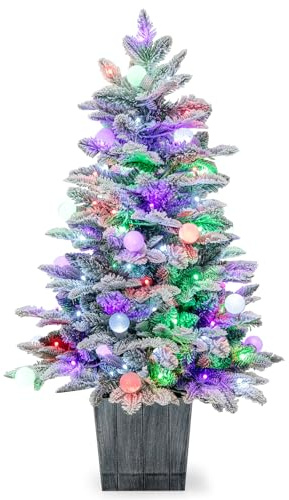 RELAX4LIFE 100 cm Künstlicher Weihnachtsbaum mit Beleuchtung & Schnee, Kleiner Tannenbaum mit 80 mehrfarbigen LED-Lichtern & 148 Zweigspitzen, Tisch Christbaum mit Topf für Zuhause & Eingang, Weiß