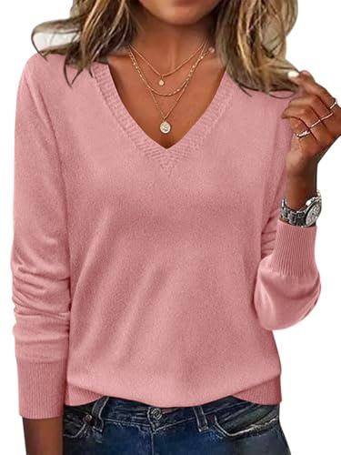 Minetom Pull Femme Pullover À Manches Longues en Tricot Sweat Col V Top Léger Couleur Unie Chandail Printemps Automne