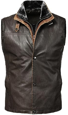 Men's Stand Collar Motorcycle Leather Vests Faux Sheepskin Leathers Gilet Aviator Shearling Flying PU Vest, Coffee, L