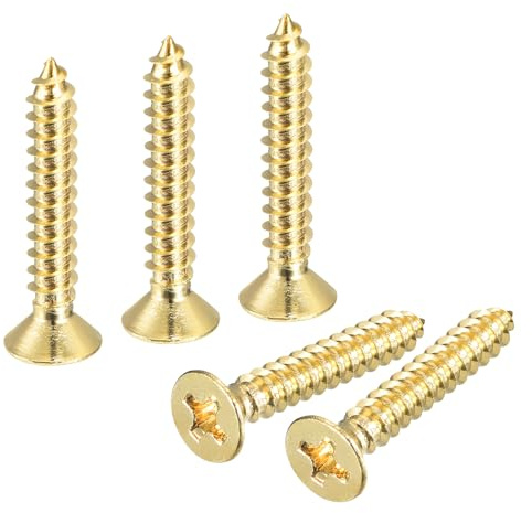 sourcing map 40 tornillos de latón para madera, M3,5 x 20 mm, cabeza plana Phillips, tornillo autorroscante para carpintería para bisagras de puerta, muebles de madera, electrodomésticos