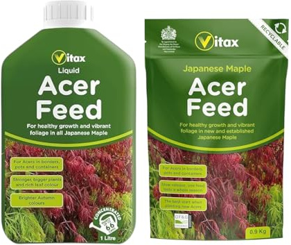 Vitax Acer Feed Liquid 1L & Granular 0.9kg Fertiliser for Maple Plant Nutrition Boosts Root Strength, Leaf Colour & Plant Health Ideal for Pots, Borders & Containers