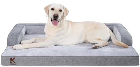 KSIIA Extra Large Dog Bed Waterproof Orthopedic XL Dog Sofa Bed with U-Shape Bolster, Removable Washable Cover and Non-Slip Bottom, Grey, 104x68x17cm