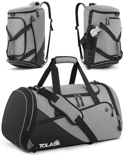 Tolaccea Sporttasche Groß Herren und Damen 60L – Schuhfach & Nassfach, Rucksack‑Duffel Trainingstasche für Fitness, Gym, Schwimmen, Reisen(Schwarz-Grau)