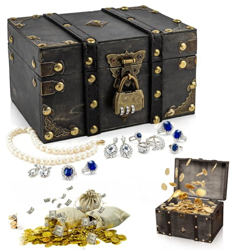 Pmueuff Vintage Coffre Tresor, 18 x 11 x 10cm Petit Coffres Pirate, Boite en Bois Avec Cadenas, Coffre Tresor Enfant, Coffret à Trésors d'anniversaire pour enfants