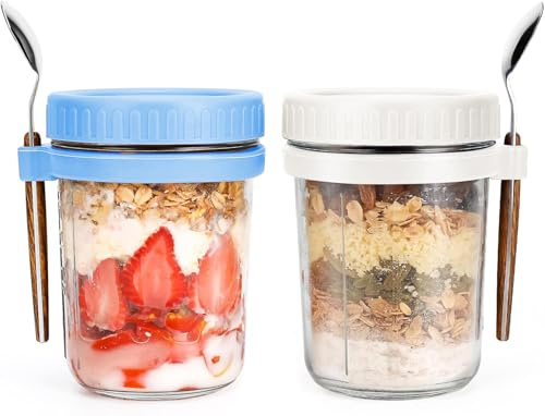 Gilen Overnight Oats Jars with Lids and Spoon, Overnight Oats Container, 10 Oz Glass Porridge Container to Go for Chia, Pudding, Milk, Cereal, Fruit, Yogurt, Salad, Cereal Meal Prep Jars(Blue + White)