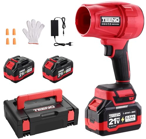 TEENO Soplador de Hojas | 2x6000mAh Baterías | 21V | 116 km/h Velocidad | 31000 RPM | Ligero | Soplador Electrico | para Jardín y Terraza | Incluye Caja de Herramientas