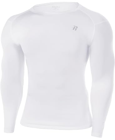 Runhit Men's White Long Sleeve Compression Shirt, UPF 50+ Rash Guard Wicking Sports Undershirt, Mens Football Underlayer for Training Cycling Gym S