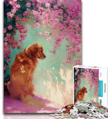 Puzzle 1000 Teile für Erwachsene Blumen-Golden Retriever 1000 Teile für Teenager anspruchsvolle Familienaktivitätsspiele DIY-Spielzeug für Heimwanddekorationsgeschenke 75x50cm