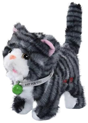 Sharplace Jouet en peluche chat qui miaule et marche, queue qui remue, multifonctionnel, avec 12 mélodies, animal électronique interactif avec enregistrement, Rayures Gris Foncé