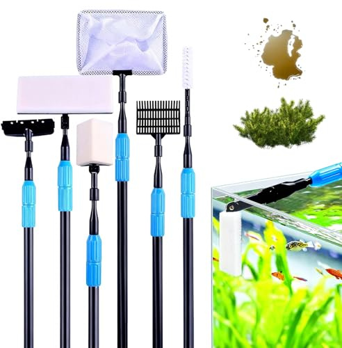 Rylae Kit de Nettoyage pour Aquarium, 6 en 1 Outils de Nettoyage pour Aquarium, Perche Télescopique avec Grattoir à Algues, épuisette, Râteau à Gravier, éponge de Nettoyage, Goupillon