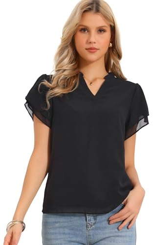Allegra K Femme Chemisier en Mousseline Manches Volantées Col V | Manches Volantées Courtes Col Encoché Tissu Mousseline Couleur Unie Léger Décontracté Habillé Manches Pétales