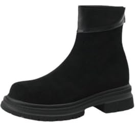 Generico Stivaletti Donna Punta Tonda Tessuto Effetto Scamosciato Morbido Polsino Contrasto PU Pelle Suola Spessa Antiscivolo Resistente Zip Laterale Comodi per Daily,Nero,38 EU