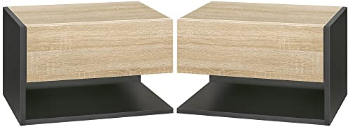 HOMCOM Floating Bedside Table Set of 2, Modern Wall Mounted Bedside Cabinet with Drawer and Open Shelf, Bedroom Nightstand, 46 x 30 x 30 cm, Oak Tone
