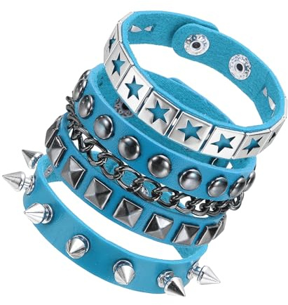 QUARKZMAN 3 Piezas Set De Pulseras De Cuero Con Tachuelas Estilo Rock Punk, 8.7/22cm Brazalete Gótico Con Púas Ajustable Para Accesorios Emo Grunge Favoritos, Azul Claro