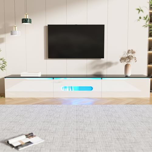 Raeln Ljus vit och svart TV-bänk 180 cm med LED, väggmonterad TV-bänk med 3 dämpade dörrar, perfekt för TV-bänk och vardagsrumsmöbel för vardagsrum