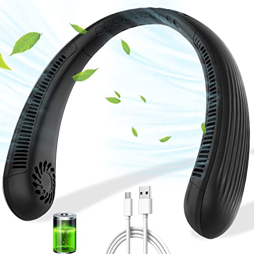 DDKJ Neck Fans Rechargeable,3 Speeds,360° Adjustable Necklace,Battery Powered,Bladeless Hands Free Wearable Round Neck,Personal Cooling Fan for Women,Men, Kids,Travel,Office,Holiday,Outdoor, Black