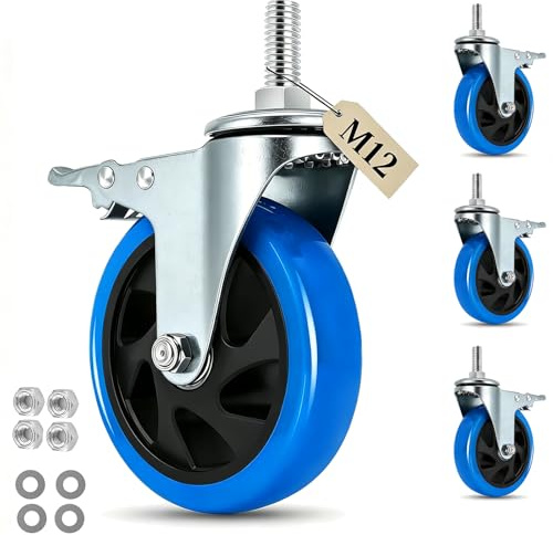 IQWTU 125MM Roulettes pour Meubles Tige Fileté M12 x 1,75 x 30 mm, Lot de 4 Roulettes Pivotantes avec Frein, Double Roulement à Bille Roulette Charge Lourde Rotation à 360°, Jusqu'à 700KG