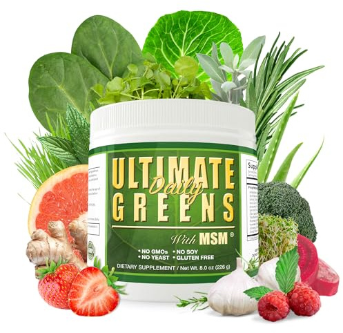 Daily Health, Ultimate Greens with MSM Powder, Vegan Friendly Natural Ingredients Gluten Soy Free NO GMO Superfood Vegetable Nutritional Drink Alkalizing Energy 8oz 1 Pack (1 Month Supply)