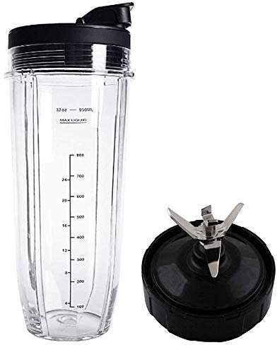 Flip Top to-go Lid and 32OZ Cup and 7 Fins Blade for Compatible with Nutri Ninja Auto IQ 1000W Blender Accessories Replacement Parts BL482 BL480-30 BL482-30 BL682