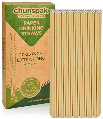 10 Inch Long Paper Drinking Straws Biodegradable - For 20oz to 32oz Tall Cups, Tumblers, Bottles - Brown Kraft, 100